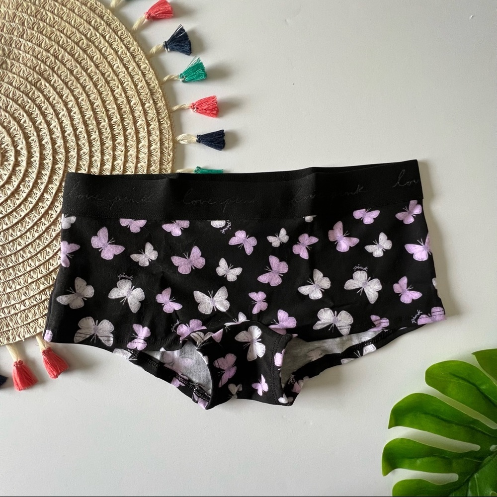 Victoria's Secret PINK Logo Boyshort Panty Black w Butterfly Graphic Small NEW